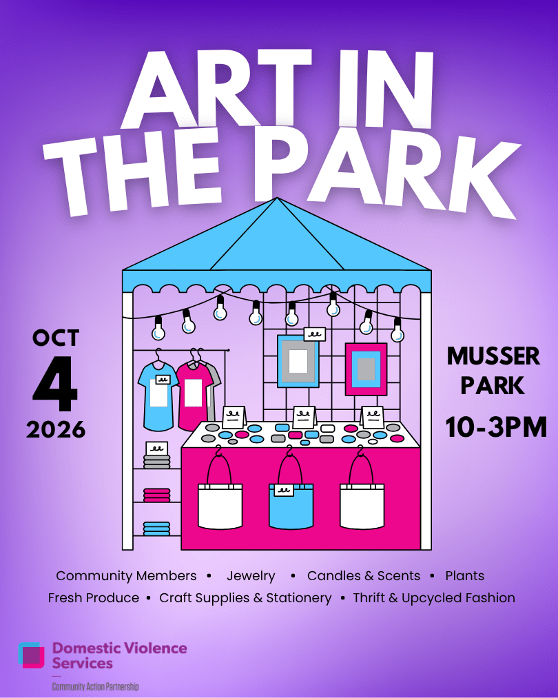 Graphic for Art in the Park, featuring an icon of a sales booth and the event information